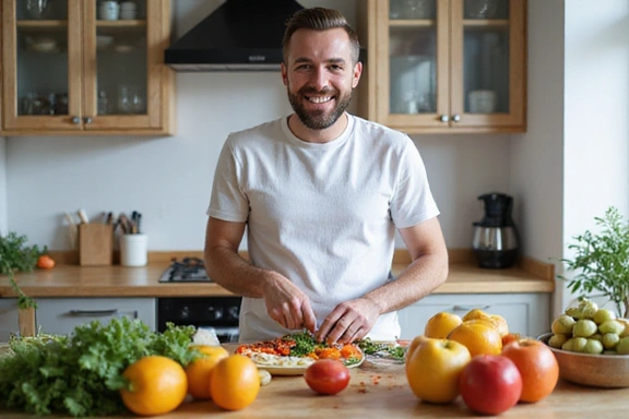 Mann, der gesunde Lebensmittel wie frisches Obst und Gemüse zubereitet.