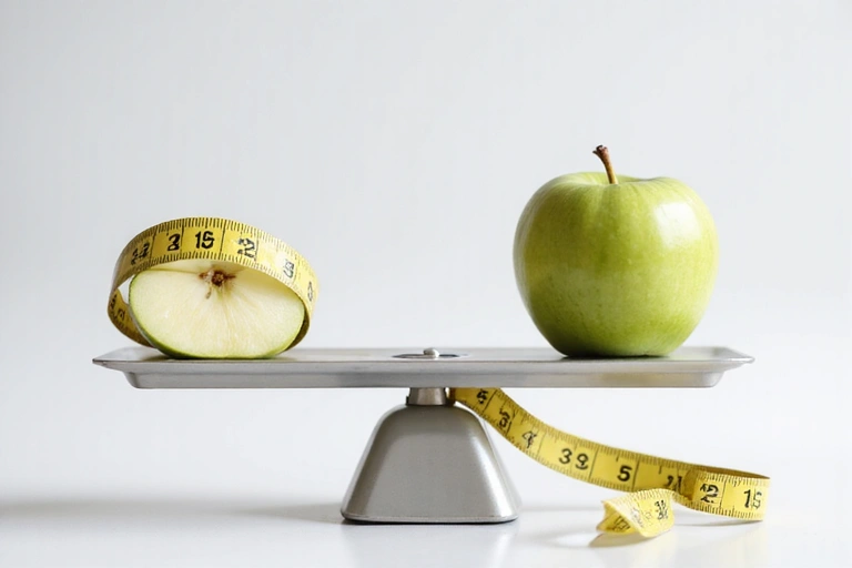 Eine Waage mit einem Apfel auf der einen Seite und einem Maßband auf der anderen, symbolisiert gesundes Gewichtsmanagement und Fortschritt.