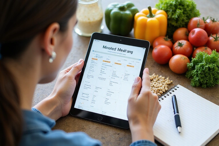 Eine Person, die einen Ernährungsplan auf einem Tablet studiert, daneben frische Zutaten und ein Notizbuch, das Planung und gesunde Ernährung symbolisiert.